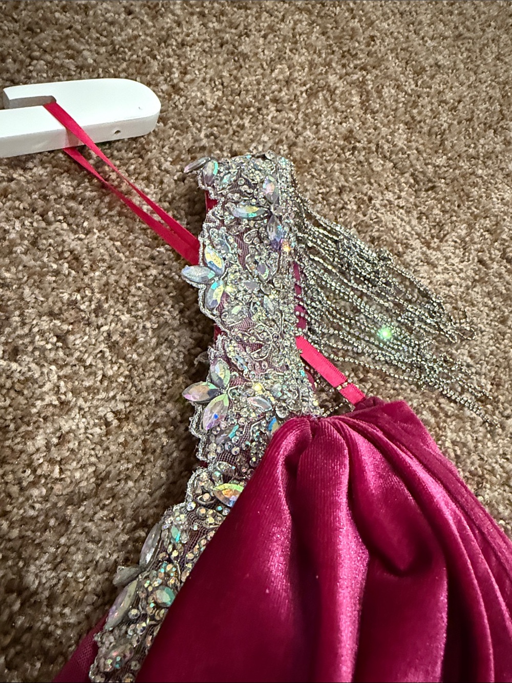 Portia and Scarlett Off-Shoulder Fuchsia Velvet Evening Gown with Beaded Fringe - Picture 5 of 13